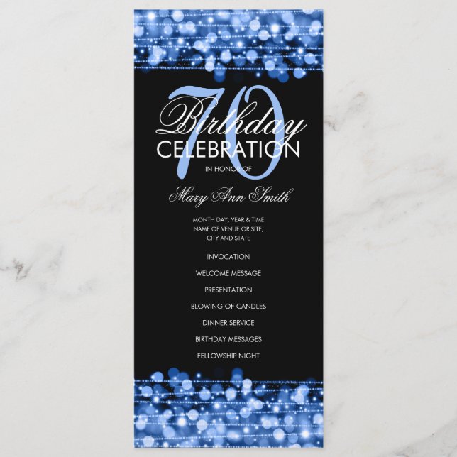 Elegant 70th Birthday Party Program Navy Menu (Front)