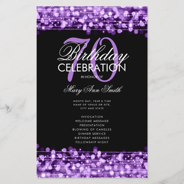 Elegant 70th Birthday Party Program Purple Menu (Front)