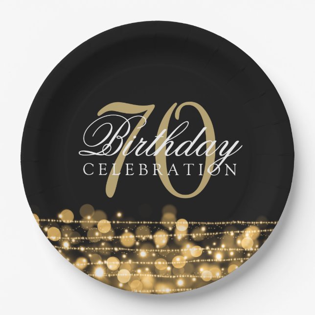 Elegant 70th Birthday Party Sparkles Gold Paper Plates (Front)
