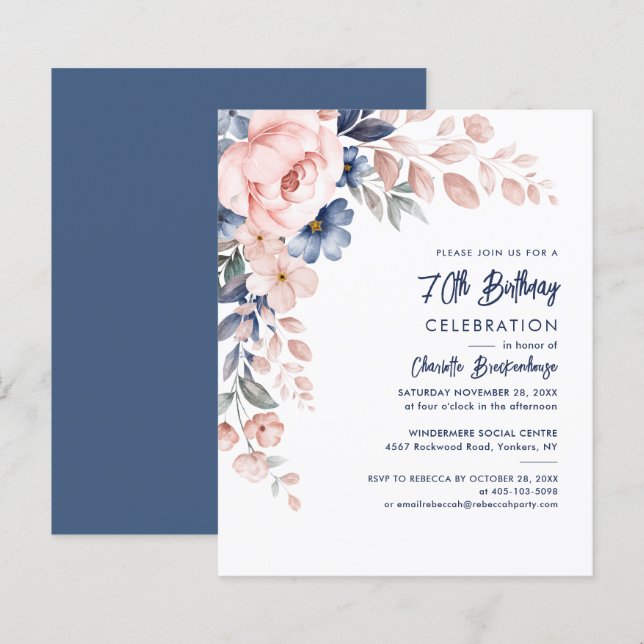 Elegant 70th Birthday Pink Floral Party Invitation (Front/Back)