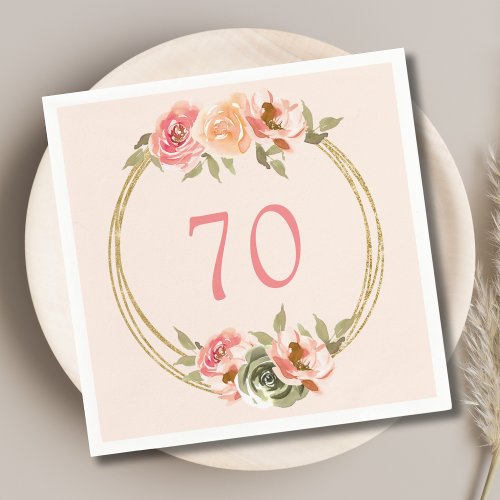 Elegant 70th Birthday Pink Watercolor Floral  Napkins