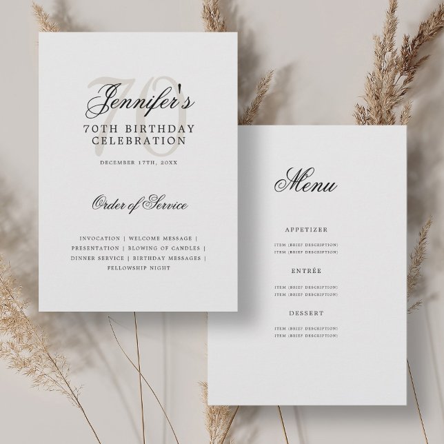 Elegant 70th Birthday Program Black White w/ Menu (Elegant 70th Birthday Program Black White w/ Menu)