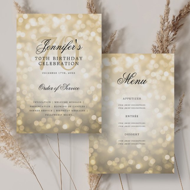 Elegant 70th Birthday Program Gold Bokeh w/ Menu (Elegant 70th Birthday Program Gold Bokeh w/ Menu)