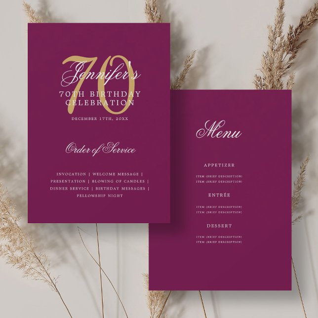 Elegant 70th Birthday Program Gold Magenta w/ Menu (Elegant 70th Birthday Program Gold Magenta w/ Menu)