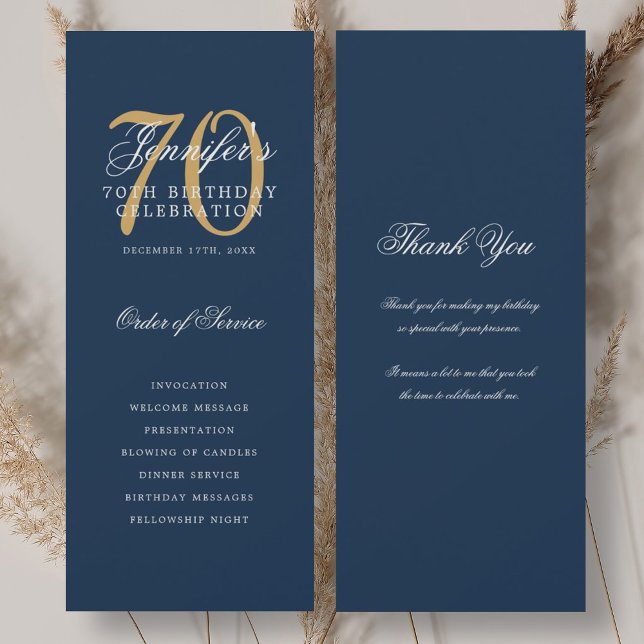 Elegant 70th Birthday Program Gold Navy Thank You (Elegant 70th Birthday Program Gold Navy Thank You)