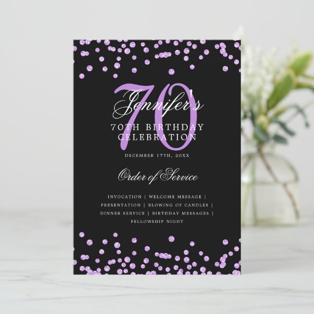 Elegant 70th Birthday Program Menu Purple Black  (Standing Front)