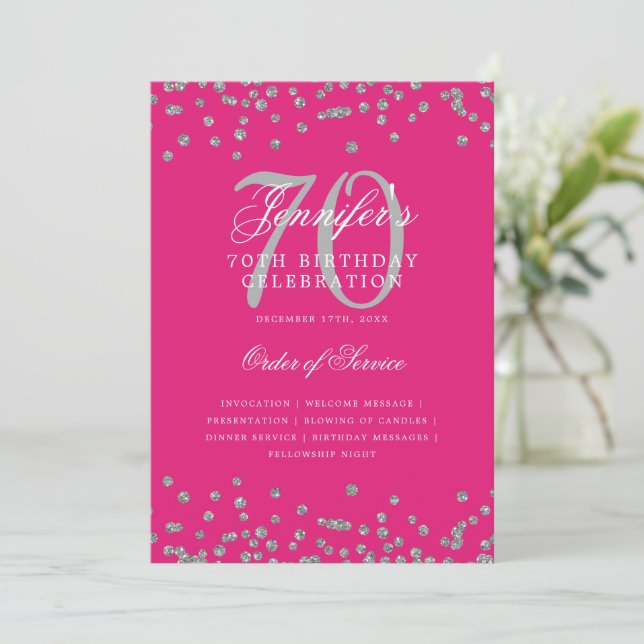Elegant 70th Birthday Program Menu Silver Hot Pink (Standing Front)