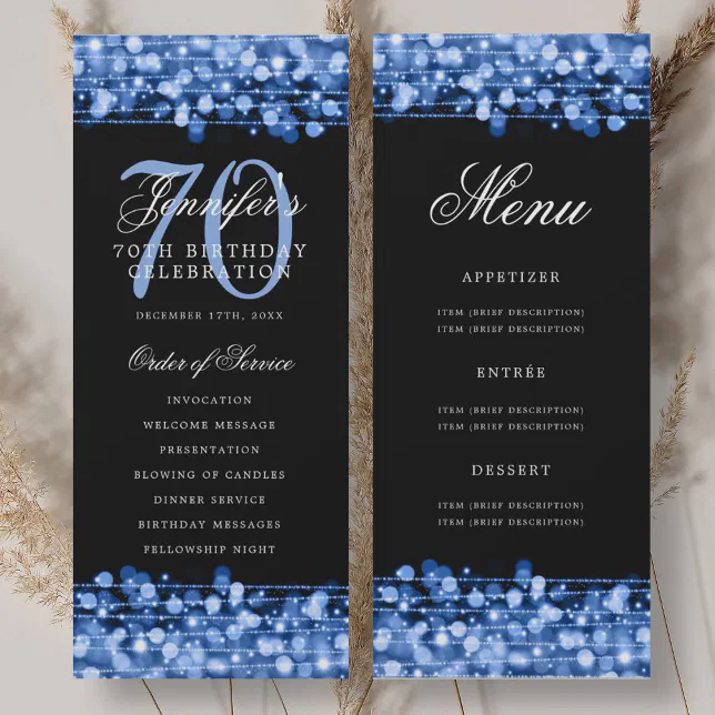 Elegant 70th Birthday Program Navy Blue w/ Menu | Zazzle