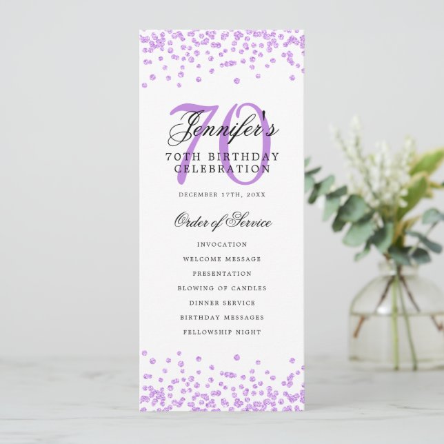 Elegant 70th Birthday Program Purple Confetti (Standing Front)