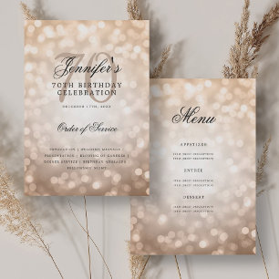 Elegant 70th Birthday Program Rose Gold Bokeh Menu