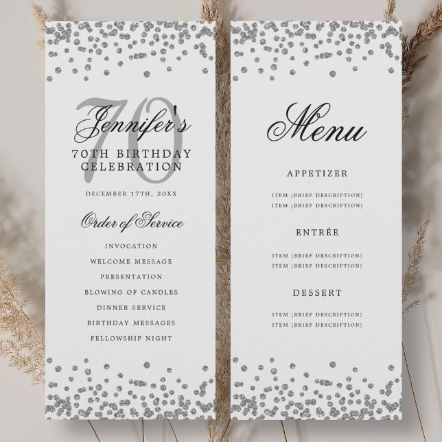 Elegant 70th Birthday Program Silver Confetti Menu (Elegant 70th Birthday Program Silver Confetti Menu)
