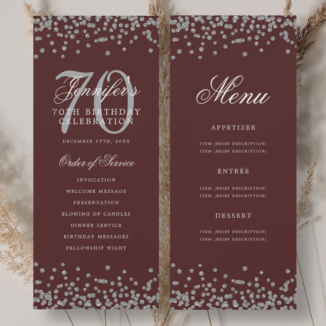 Elegant 70th Birthday Program Silver Menu Burgundy (Elegant 70th Birthday Program Silver Menu Burgundy)