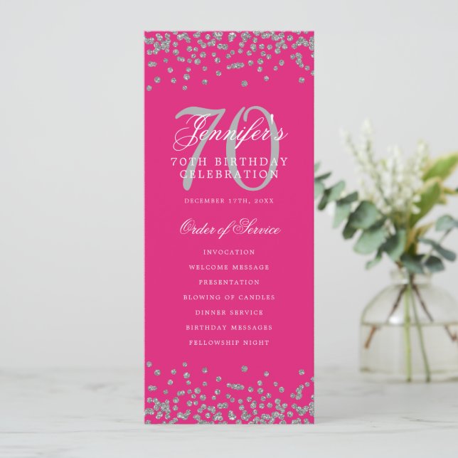 Elegant 70th Birthday Program Silver Menu Hot Pink (Standing Front)