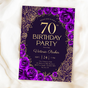 Elegant 70th Birthday Purple Gold Floral Invitation