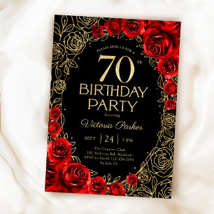 Elegant 70th Birthday Red Black & Gold Floral Invitation