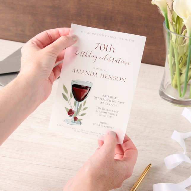 Elegant 70th Birthday Red Wine Surprise Birthday  Vellum Invitations (Handheld)
