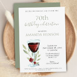 Elegant 70th Birthday Red Wine Surprise Party Invitation<br><div class="desc">Elegant 70th Birthday Red Wine Surprise Birthday Party Invitation. 70th birthday party invitation for her or him. Invitation with a red wine glass, roses and twigs on a white background. The text is fully customizable - personalize it with your name, any age - 30th 40th 50th 60th 80th 90th 100th,...</div>