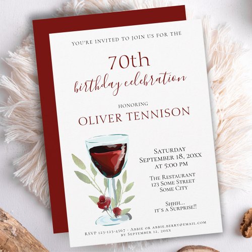 Elegant 70th Birthday Red Wine Surprise Party Invitation