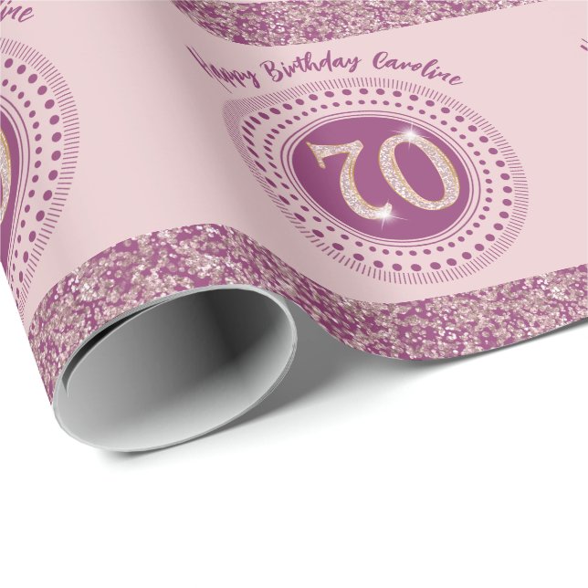 Elegant 70th Birthday Rose Gold Glitter & Stripes Wrapping Paper (Roll Corner)