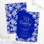 Elegant 70th Birthday Royal Blue Silver Roses Invitation<br><div class="desc">Royal blue silver floral 70th birthday party invitation. Elegant design featuring roses,  faux silver foil and typography script font. Trendy invite card perfect for a stylish female bday celebration. Can be customized to any age. Personalize with your own details. Printed Zazzle invitations or instant download digital printable template.</div>