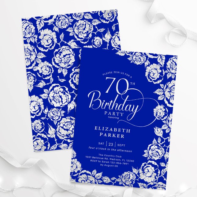 Elegant 70th Birthday Royal Blue Silver Roses Invitation (Creator Uploaded)