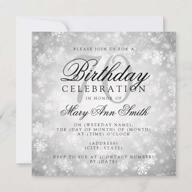 Elegant 70th Birthday Silver Winter Wonderland Invitation (Front)