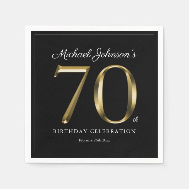 Elegant 70th Birthday Solid Gold Text Black Napkins (Front)