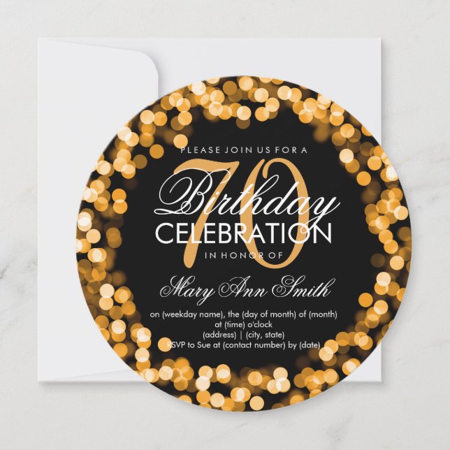 Elegant 70th Birthday Sparkling Lights Gold Invitation (Front)