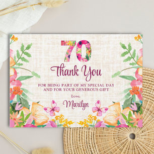 Elegant 70th Birthday Thanks Floral Linen Thank You Card