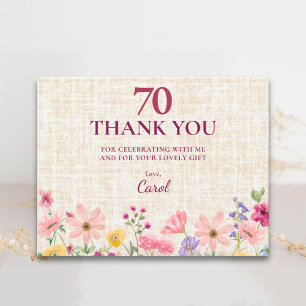 Elegant 70th Birthday Thanks Guest - Linen Flowers Thank You Card