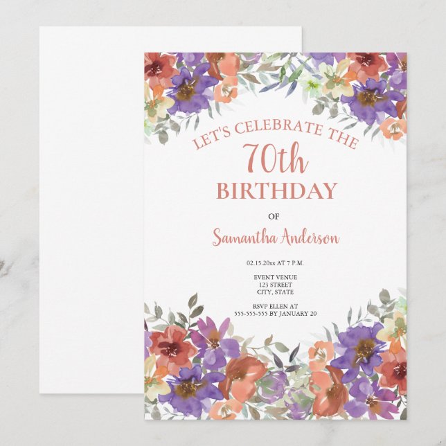 Elegant 70th Birthday Watercolor Floral Invitation (Front/Back)