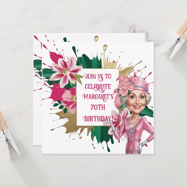 Elegant 70th Birthday with Custom Lady Caricature Invitation (Front/Back In Situ)