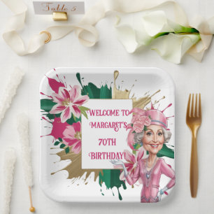 Elegant 70th Birthday with Custom Lady Caricature Paper Plates