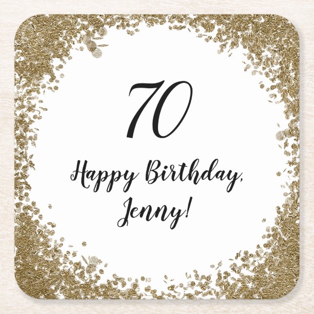 Elegant 70th Milestone Birthday Party Black Gold Square Paper Coaster (Front)