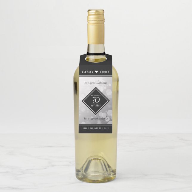 Elegant 70th Platinum Wedding Anniversary Bottle Hanger Tag (On Bottle)