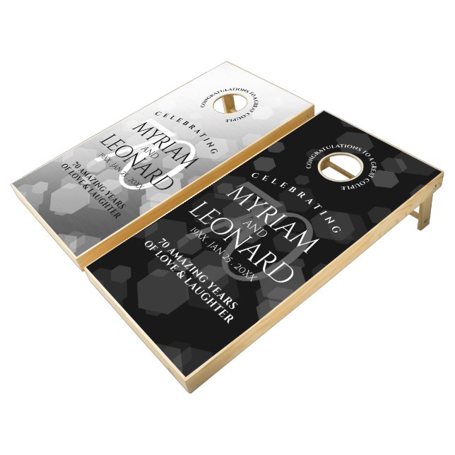 Elegant 70th Platinum Wedding Anniversary Cornhole Set (Angled)
