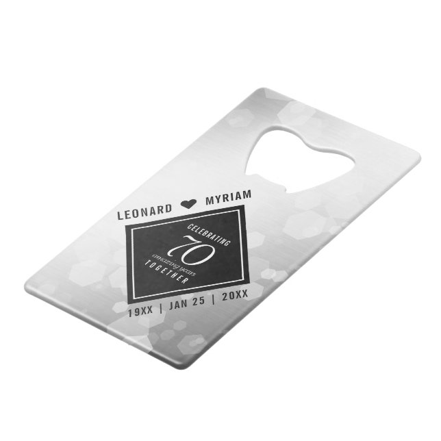 Elegant 70th Platinum Wedding Anniversary Credit Card Bottle Opener (Front Angled)