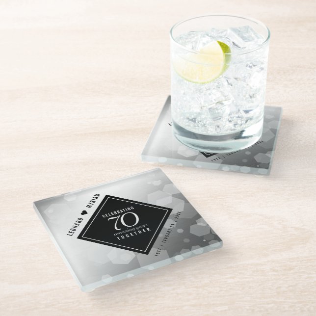 Elegant 70th Platinum Wedding Anniversary Glass Coaster (Angled)