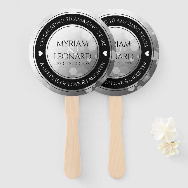 Elegant 70th Platinum Wedding Anniversary Hand Fan (Front and Back)