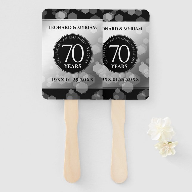 Elegant 70th Platinum Wedding Anniversary Hand Fan (Front and Back)