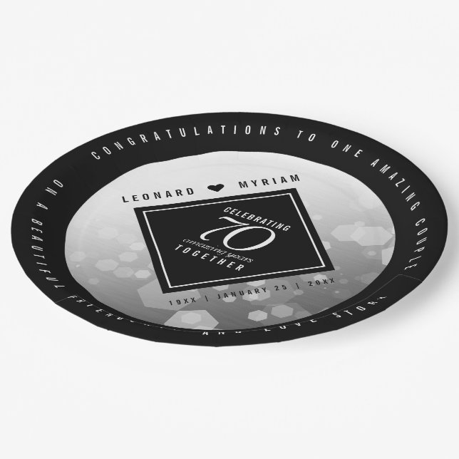 Elegant 70th Platinum Wedding Anniversary Paper Plates (Angled)