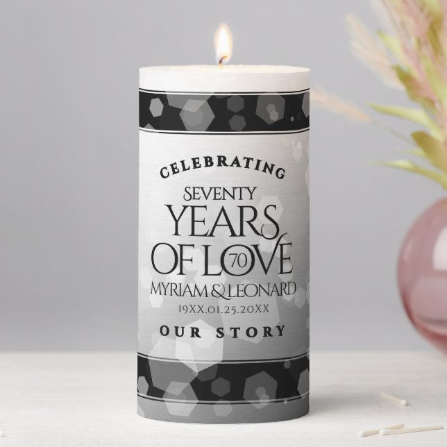 Elegant 70th Platinum Wedding Anniversary Pillar Candle (In Situ)