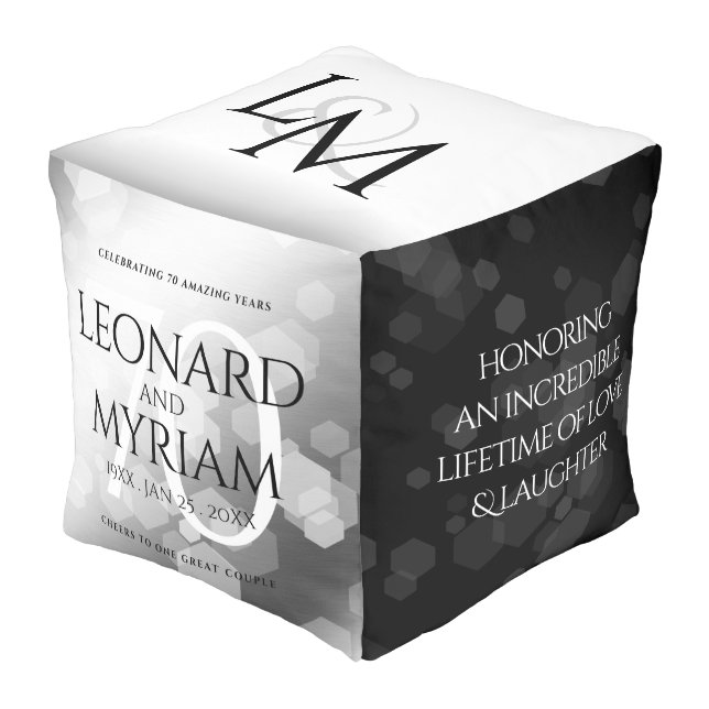 Elegant 70th Platinum Wedding Anniversary Pouf (Angled Front)