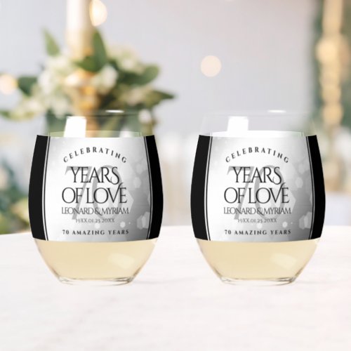 Elegant 70th Platinum Wedding Anniversary Stemless Wine Glass