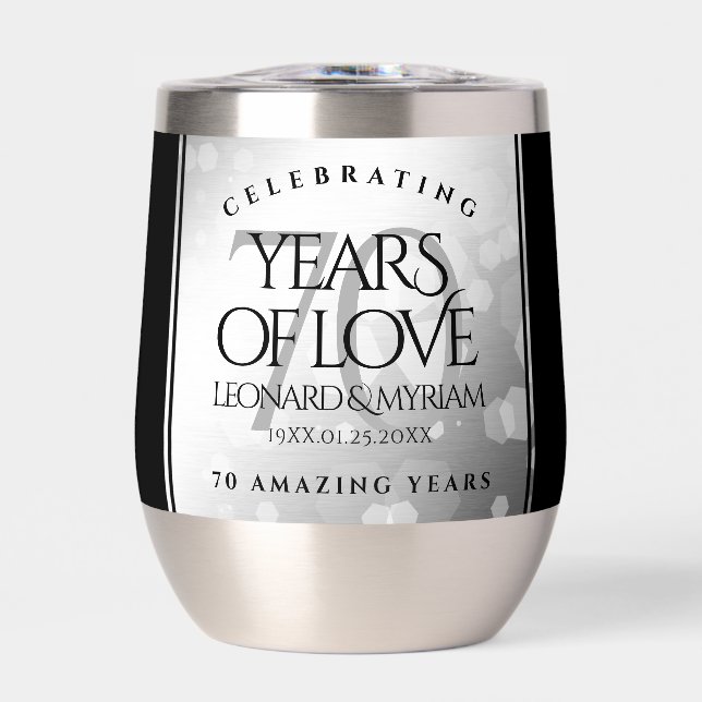 Elegant 70th Platinum Wedding Anniversary Thermal Wine Tumbler (Front)