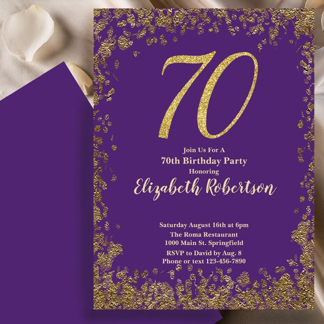 Elegant 70th Purpl Birthday Invitation Gold Sequin (Creator Uploaded)
