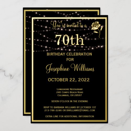 Elegant 70th Seventy Birthday Black REAL Gold  Foil Invitation
