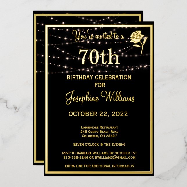 Elegant 70th Seventy Birthday Black REAL Gold  Foil Invitation (Front/Back)