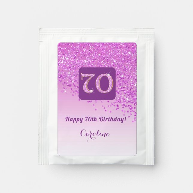 Elegant 70th Tea Birthday Party Pink Glitter Tea Bag Drink Mix (Front)