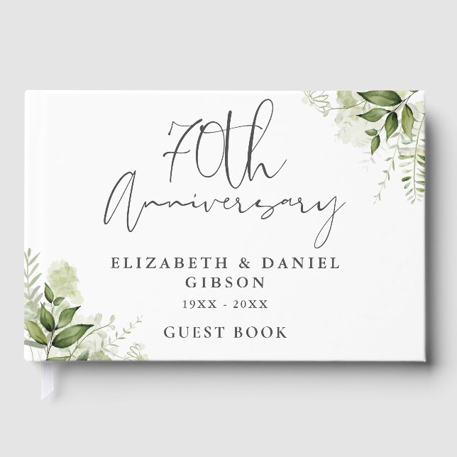 Elegant 70th Wedding Anniversary Floral Greenery Guest Book (Front)